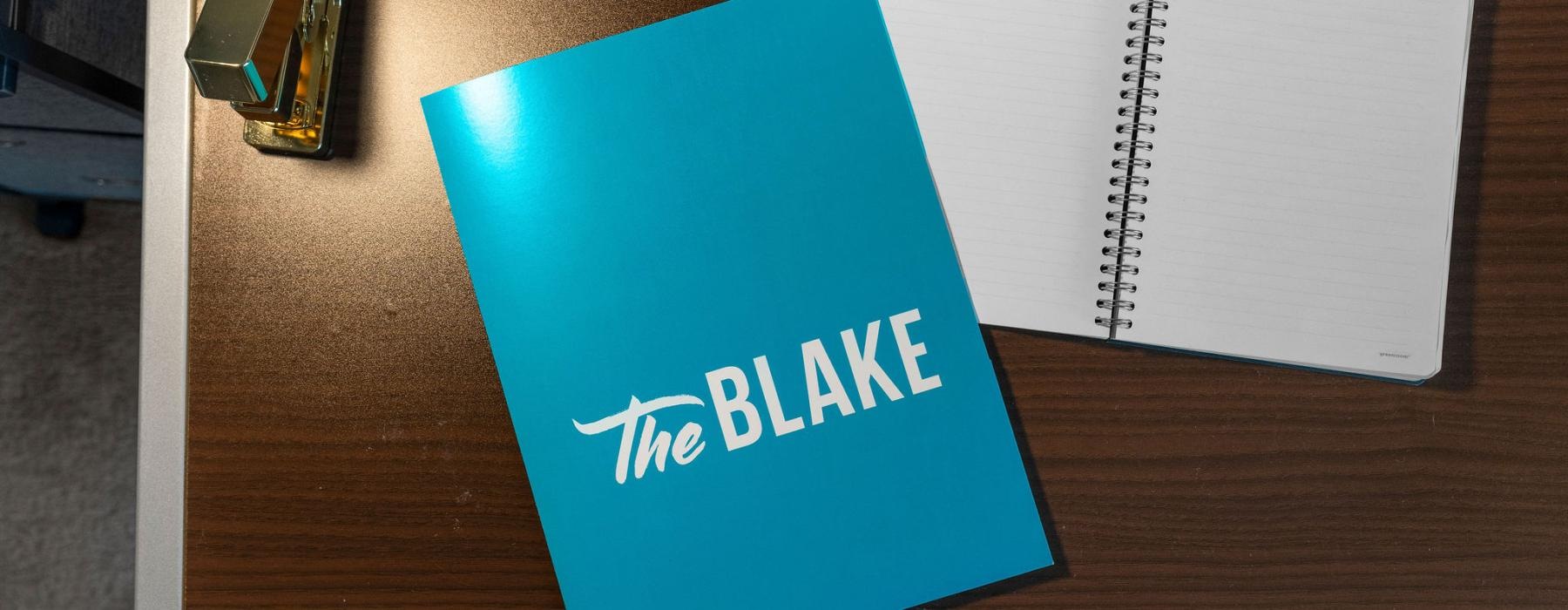 a blue book on a table