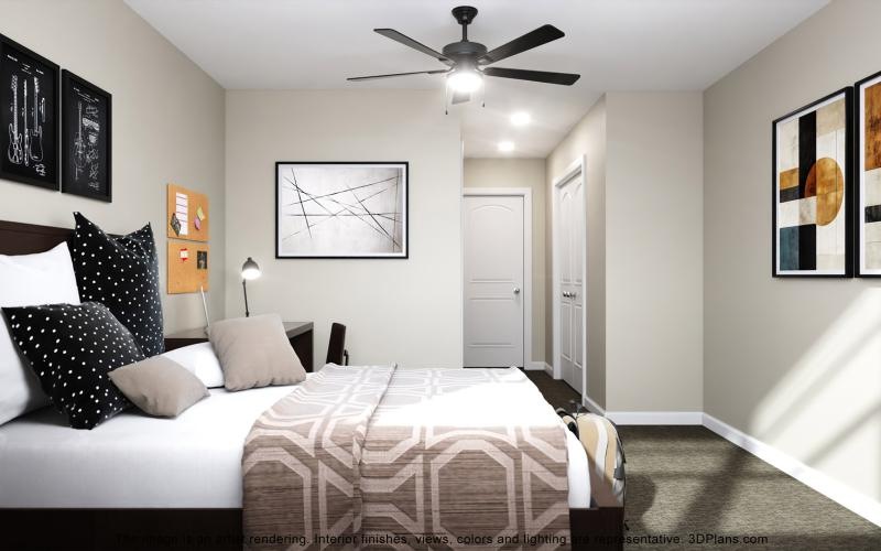 a bedroom with a fan